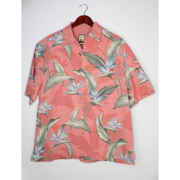 Jamaica Jaxx Tropical Silk Shirt Men's M Gray Pink Button Down Casual Fit Casual - Picture 1 of 11